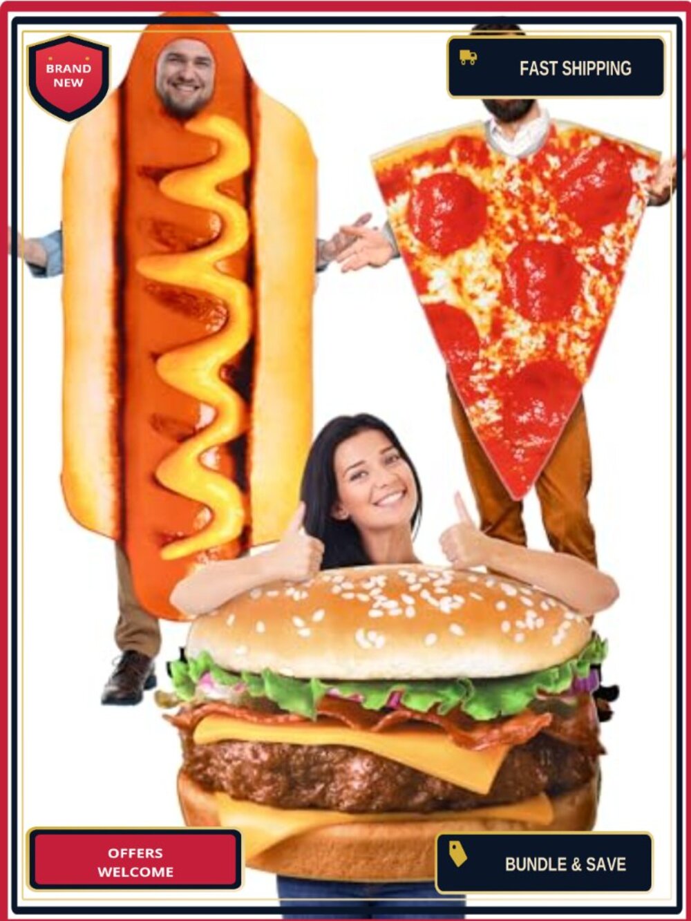 Adult Fast Food Costume Set 3 Pcs Polyester Hamburger Pizza Hot Dog Party